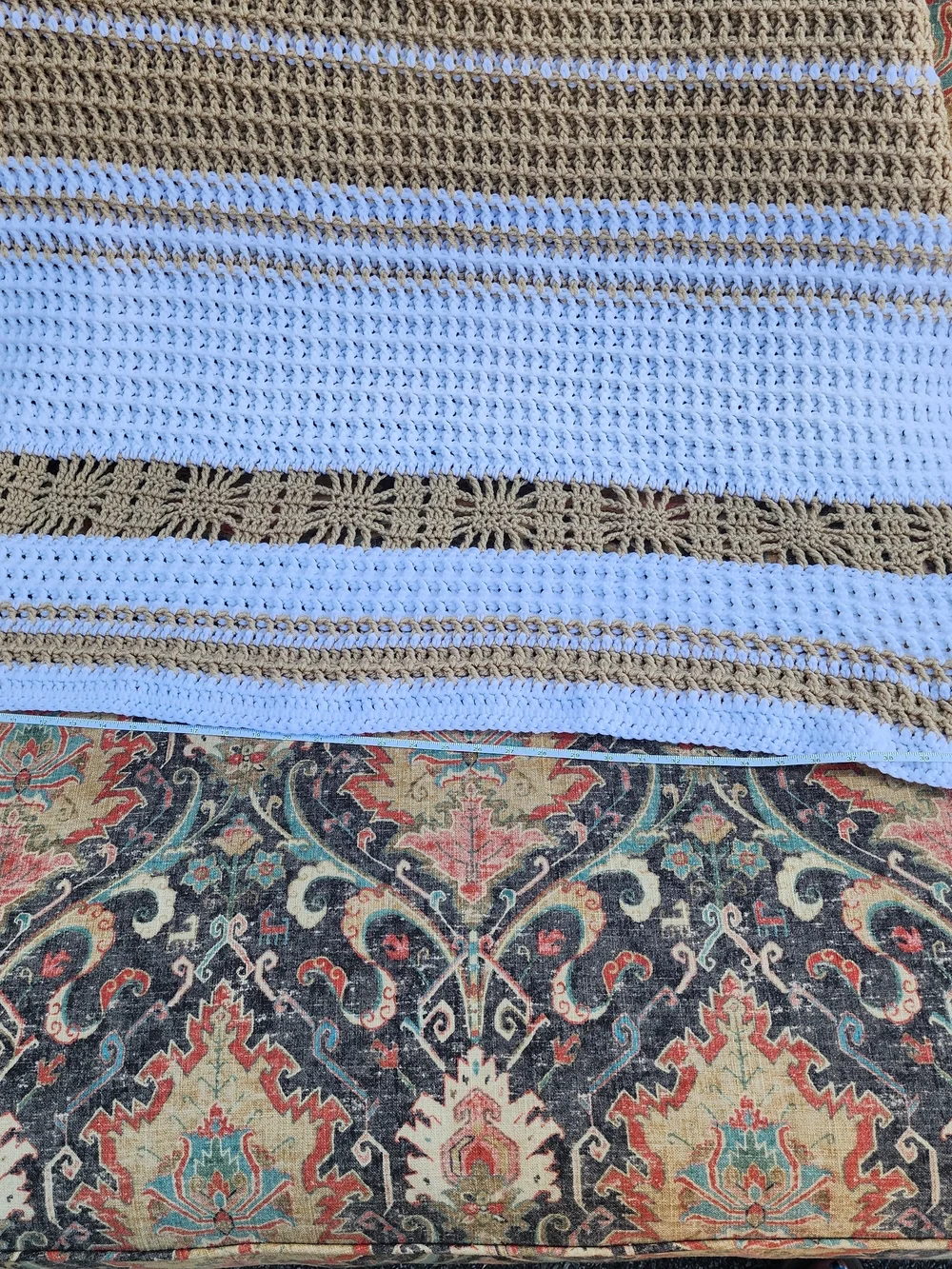 Handmade White and Tan Crochet Throw Blanket - Cozy Home Bedding